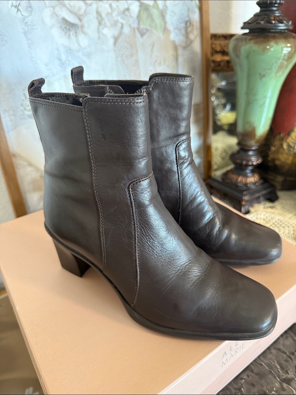 ANTONIO MELANI Dark Brown Leather Mid-Heel Ankle Boots